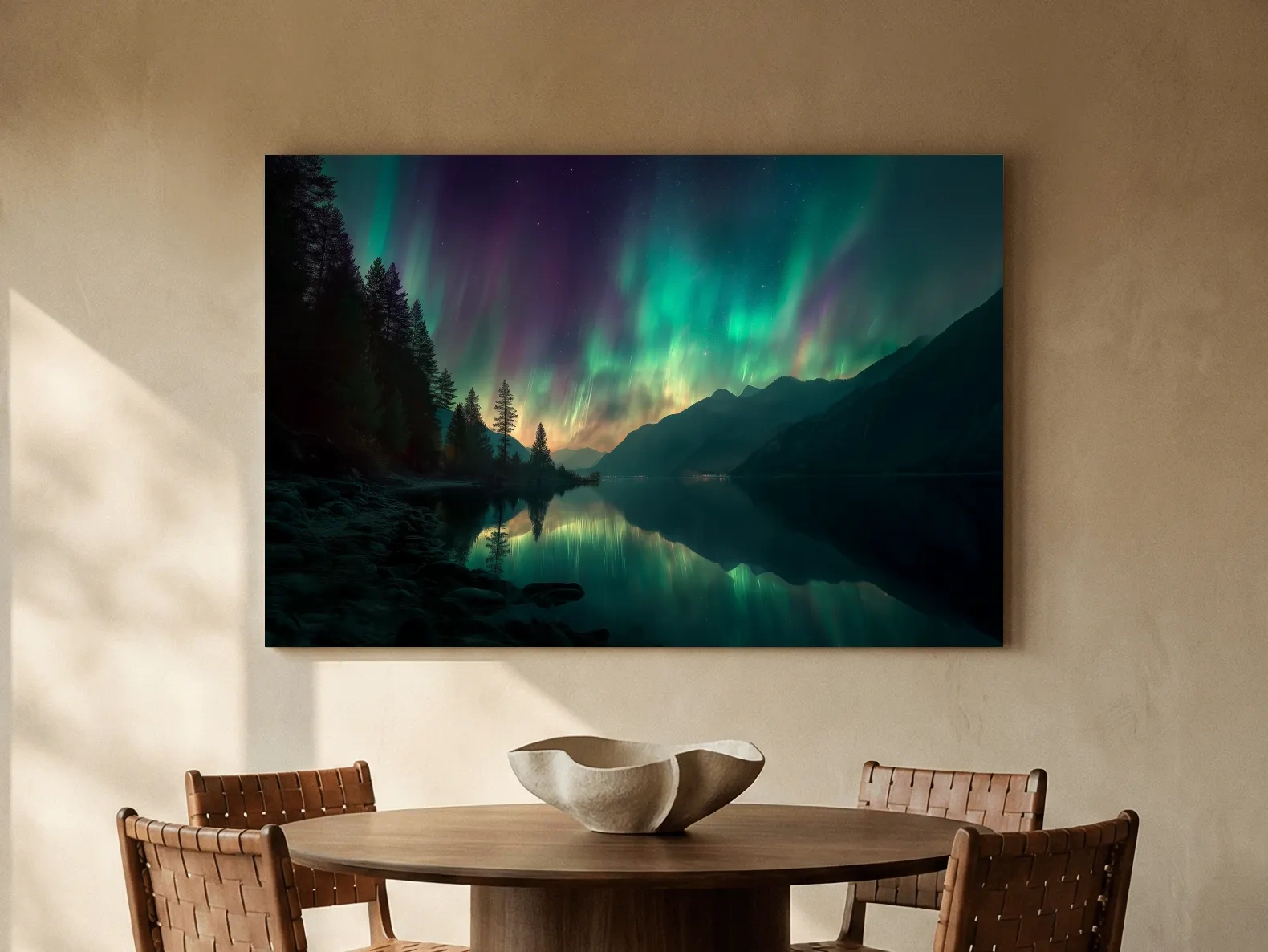 Vibrant Northern Lights Lake Reflection - Aurora Borealis Mountain Wall Art