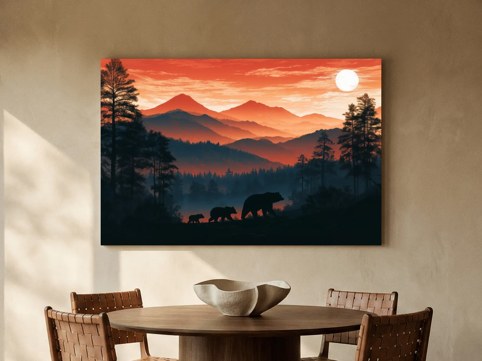 Mountain Sunset Bear Family Silhouettes - Wilderness Landscape Artwork