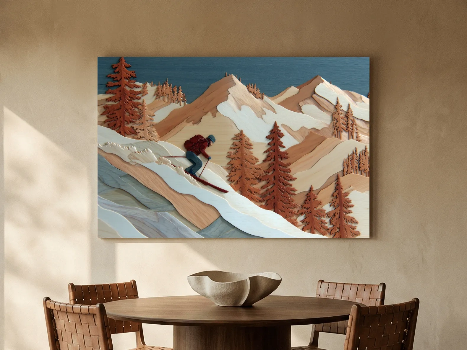 Wood Intarsia Style Skier Mountain Scene - Winter Alpine Wall Art