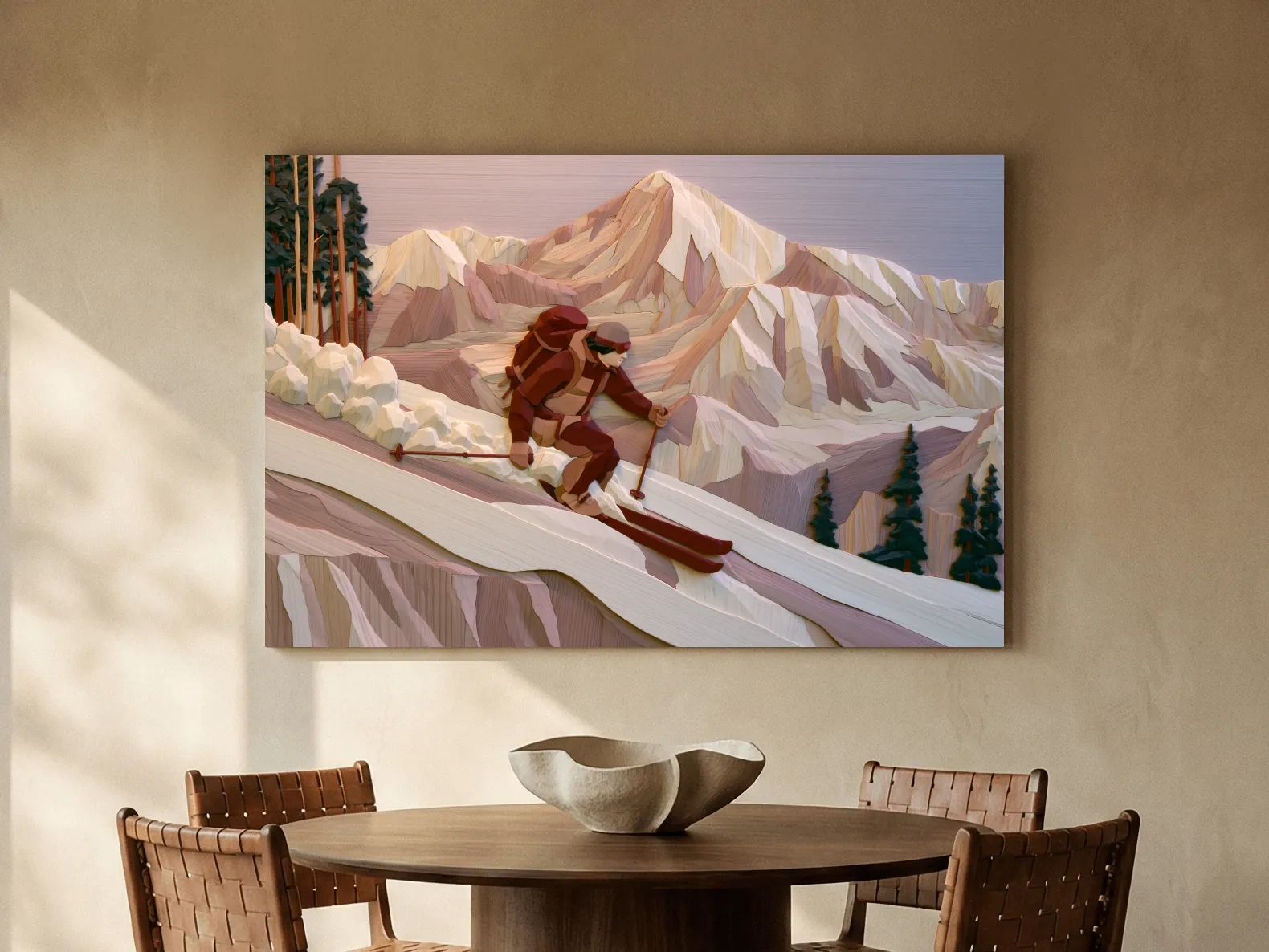 Geometric Backcountry Skier In Alpine Peaks - Winter Mountain Adventure Wall Art
