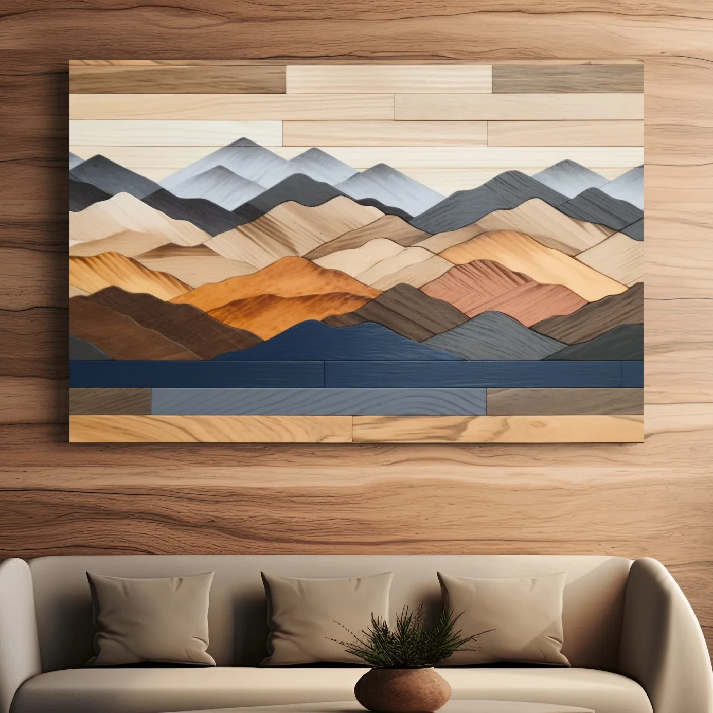 Rustic mountain wall art, layered wood piece effect