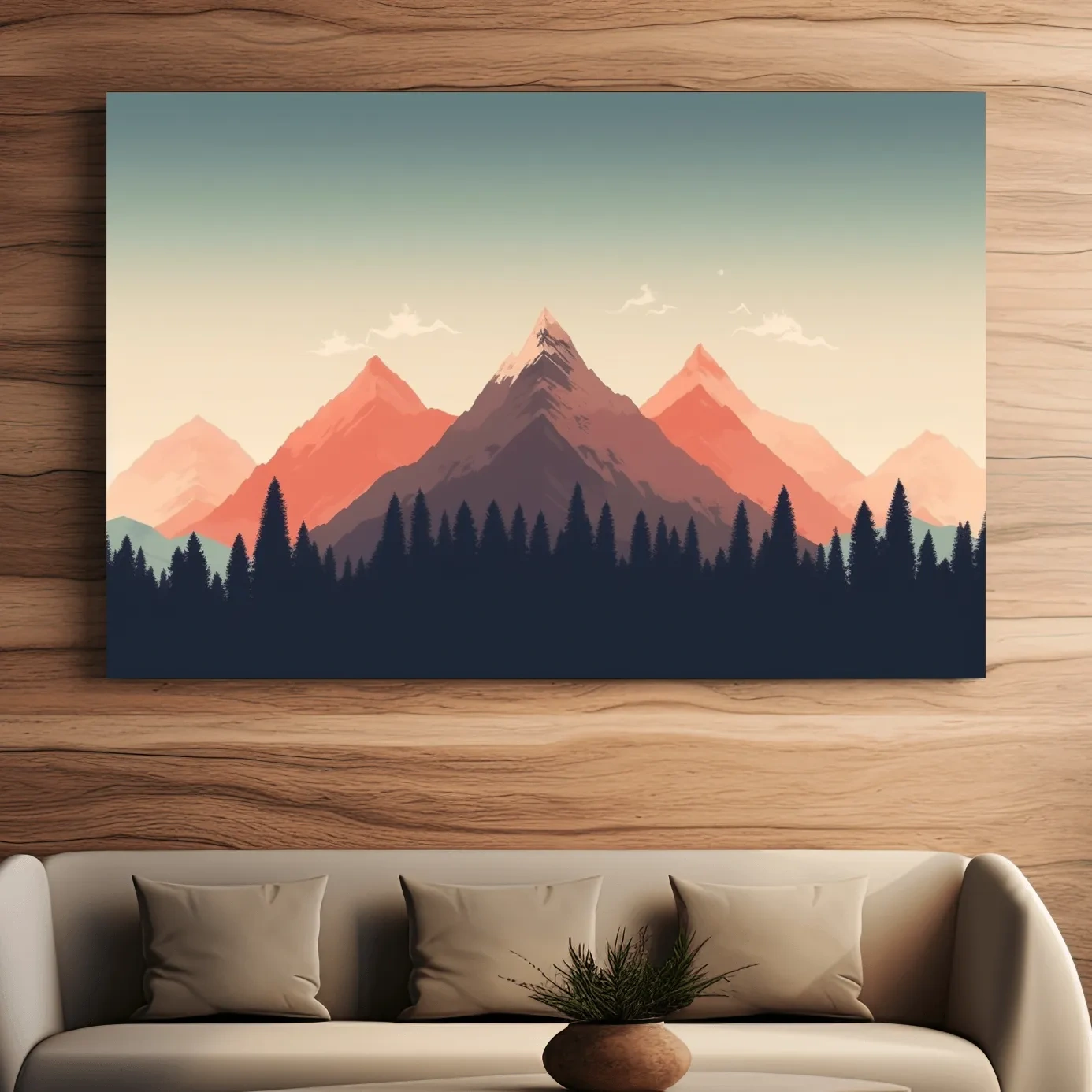 Minimalist Alpine Mountain Sunrise Artwork - Modern Scandinavian Forest Wall Art