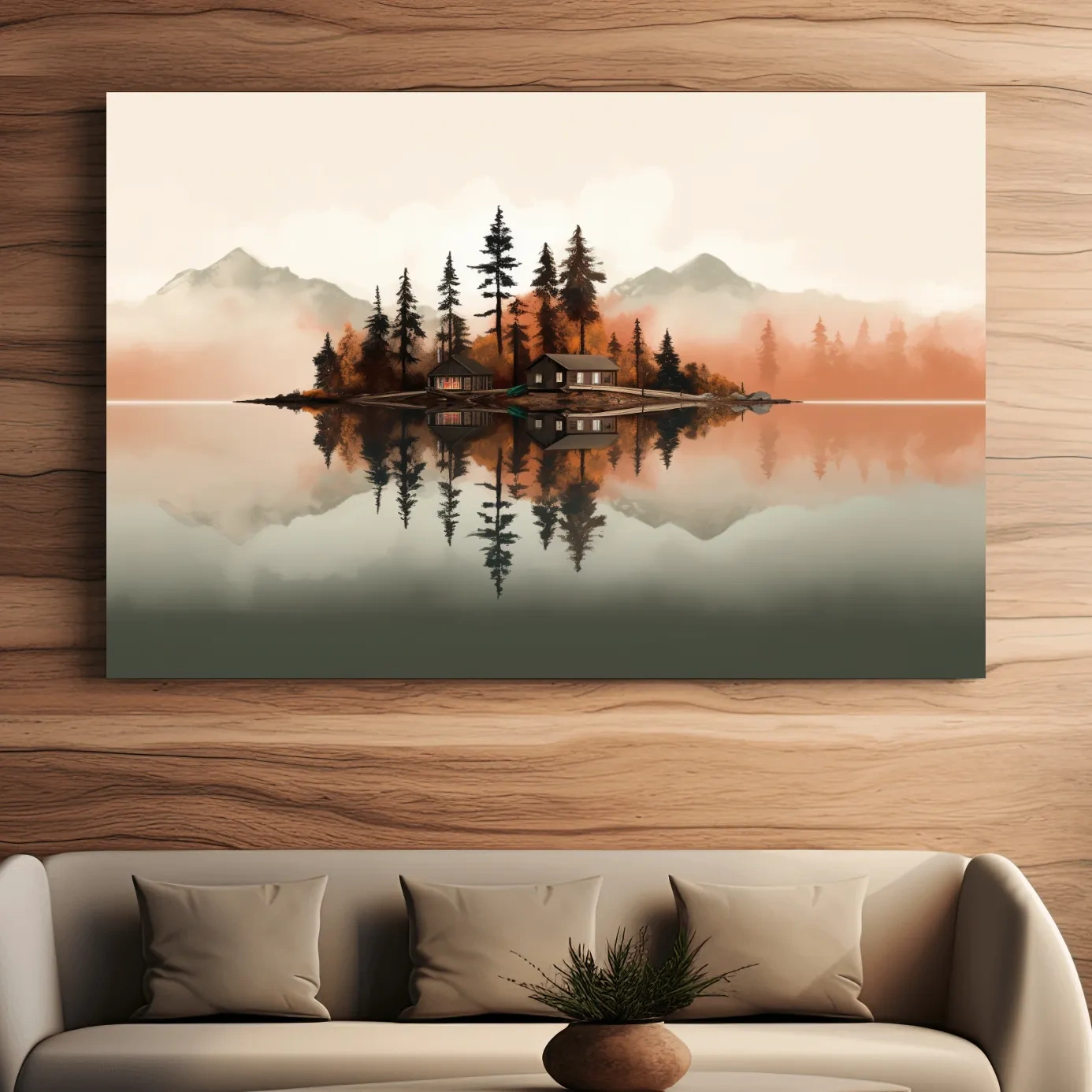 Minimalist art, lakeside cabin amongst the trees