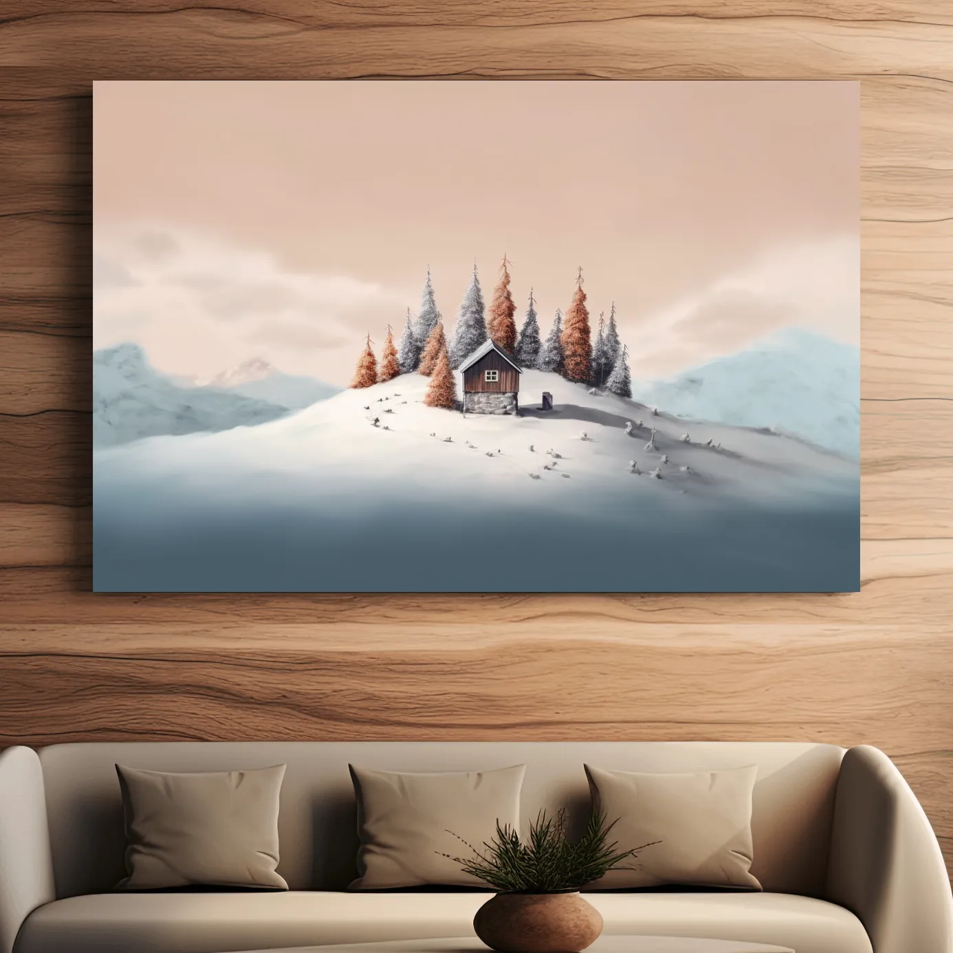 Minimal painting, cabin in the snow