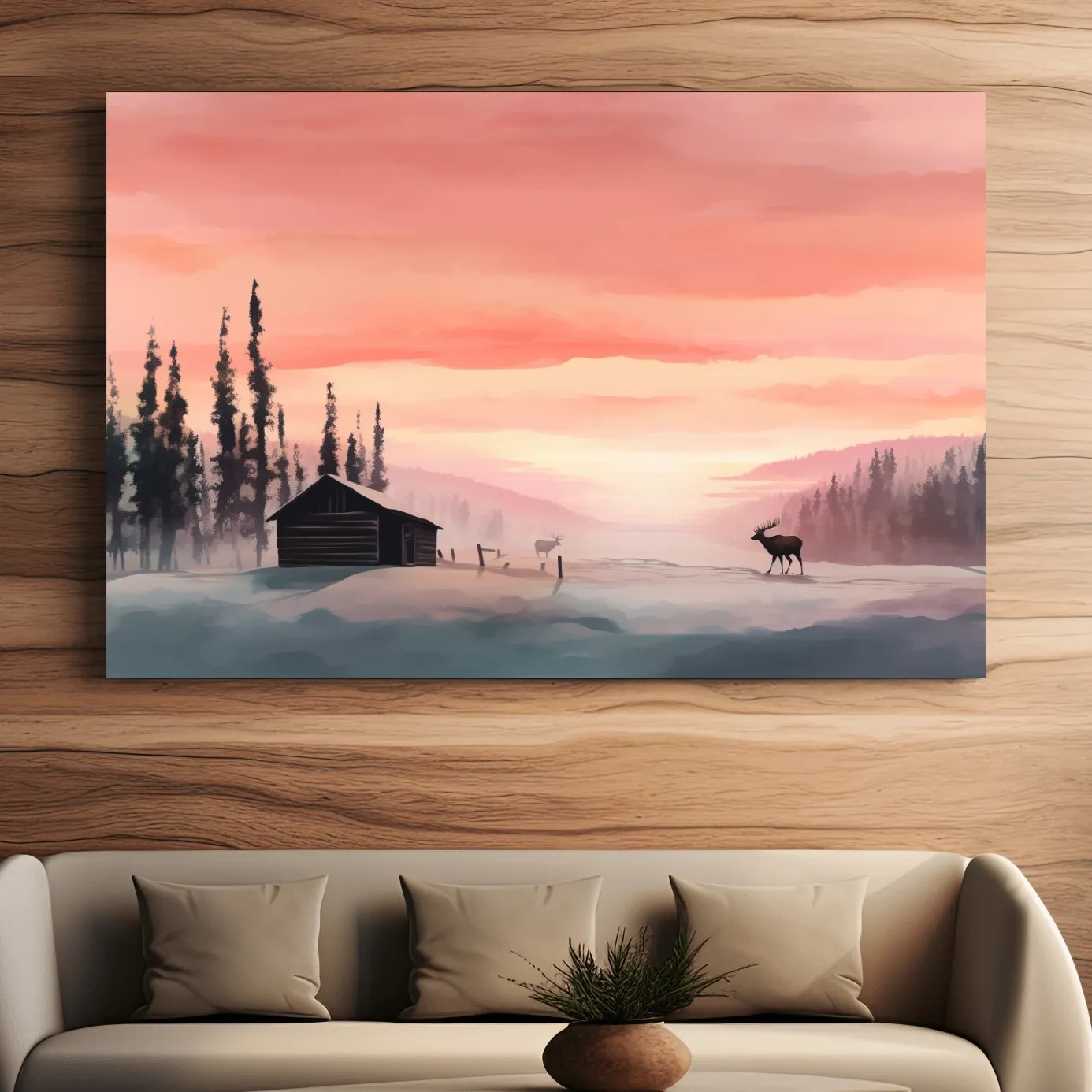 Sunset mountain scene, deer in the snow