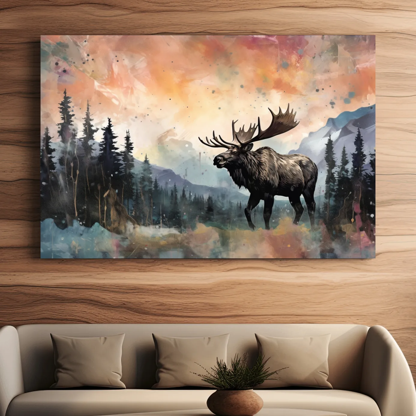 Abstract splattered painting of a moose in mountain scenery