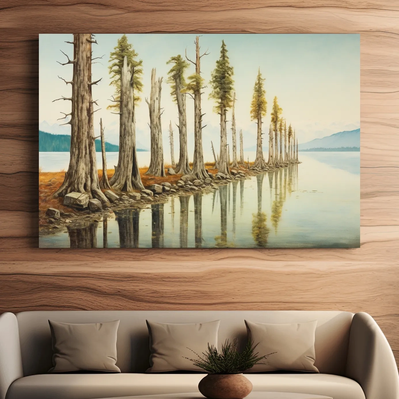 Painting of a line of trees beside a lake and mountains