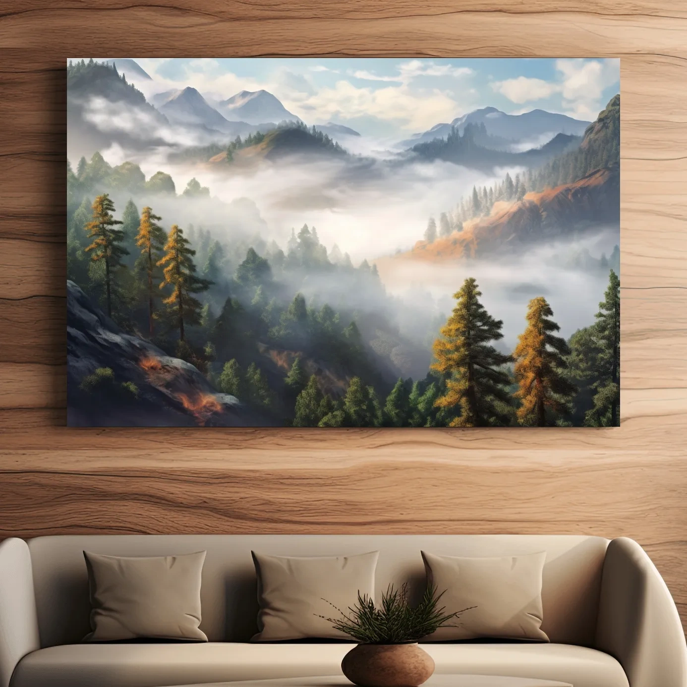 Misty Mountain Valley Forest Landscape - Serene Foggy Nature Painting Wall Art