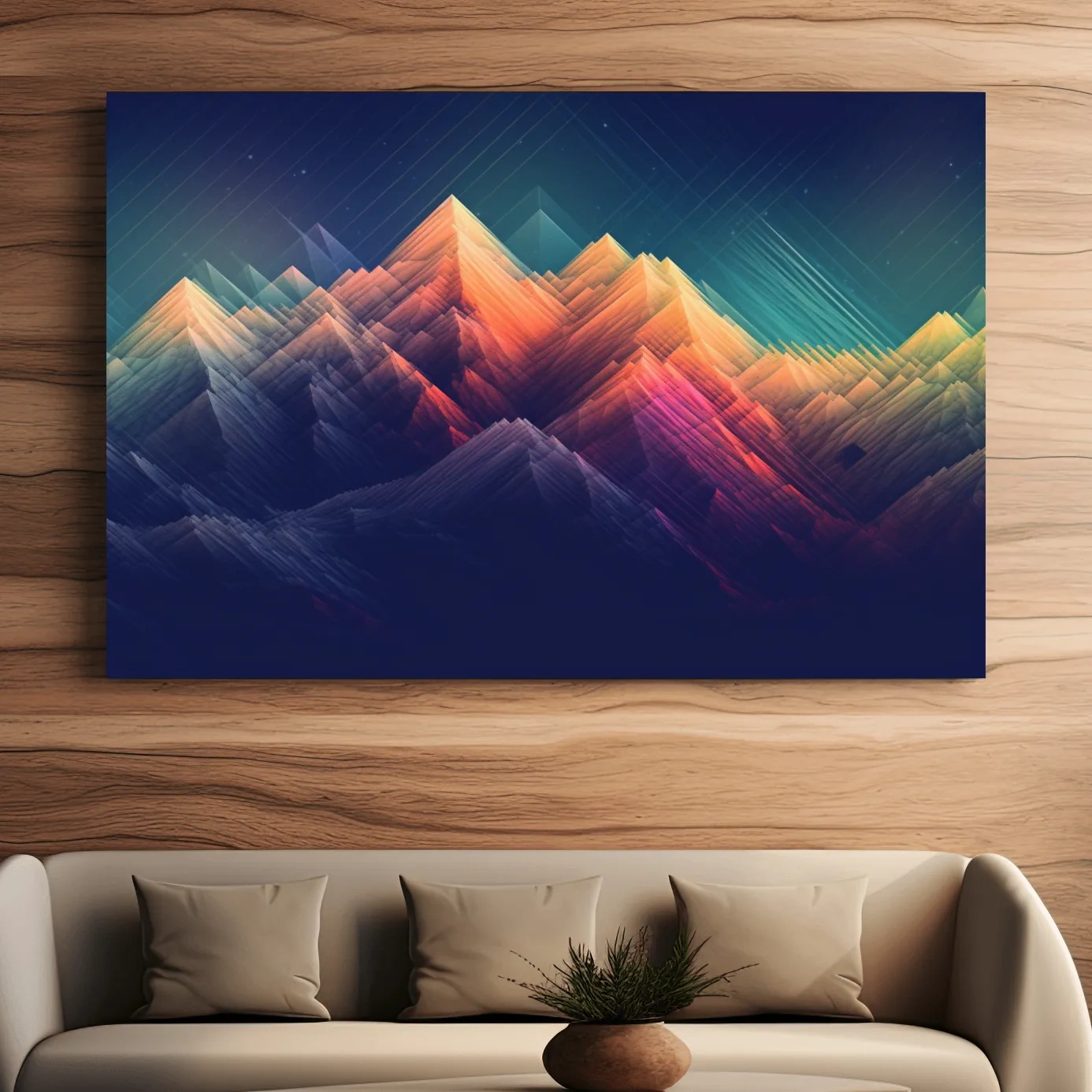 Glitched line art of a mountain landscape