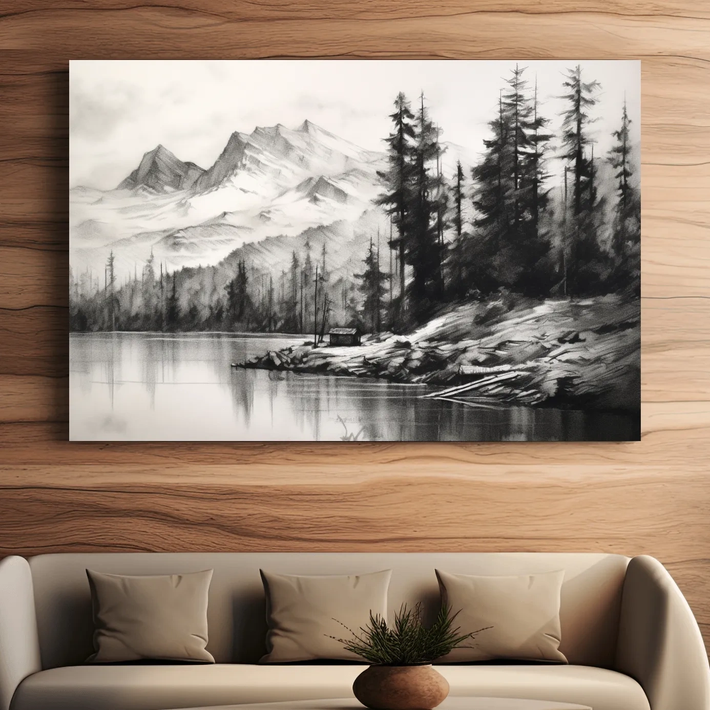 Charcoal drawing of mountains and a lake