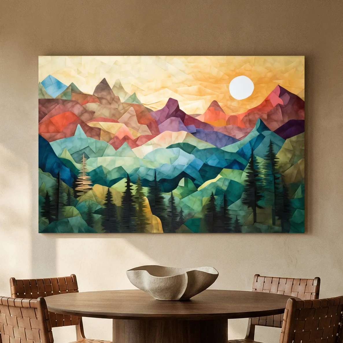 Abstract Sunset Mountain Canvas - Vibrant Patchwork Mosaic Art