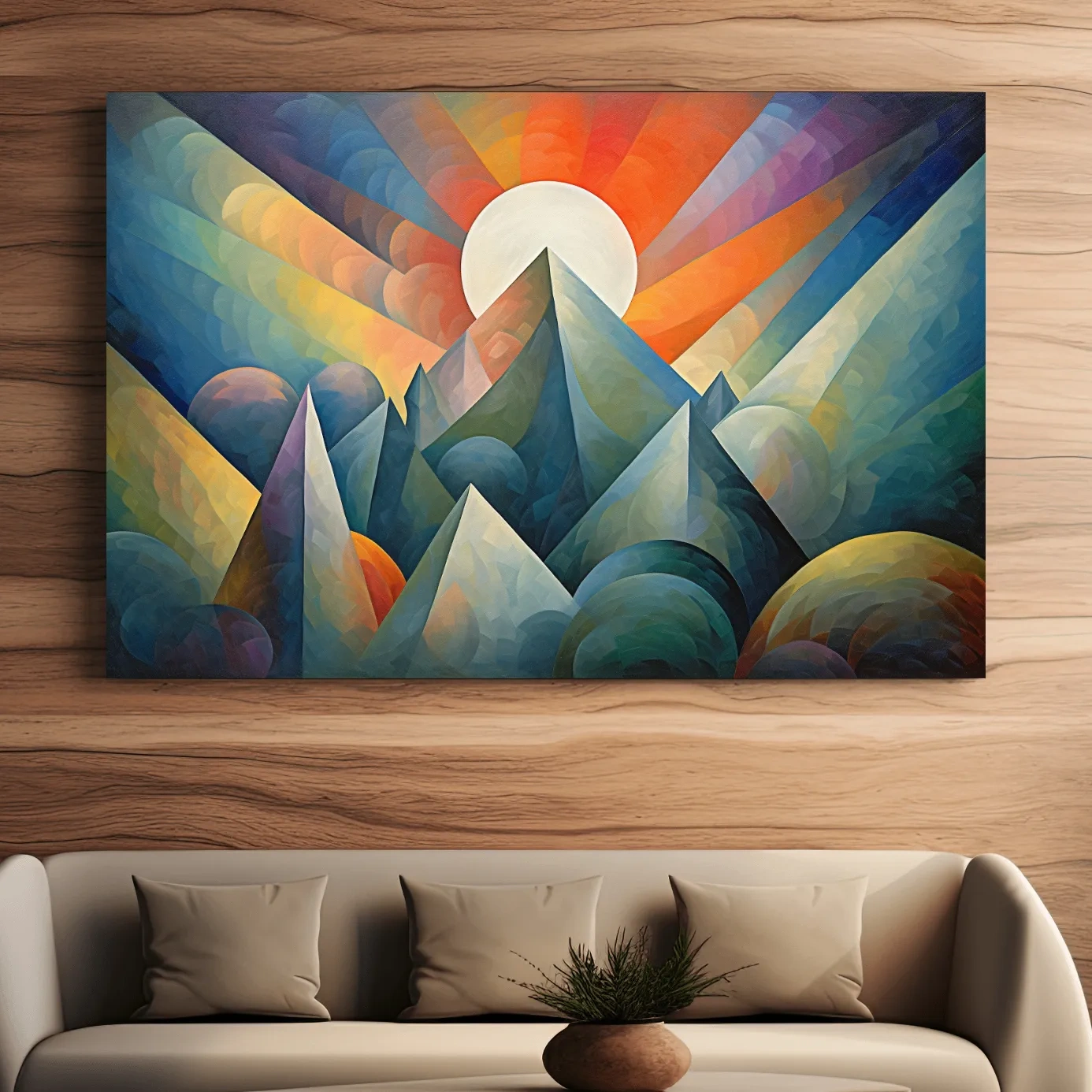 Abstract painting of mountains at sunrise