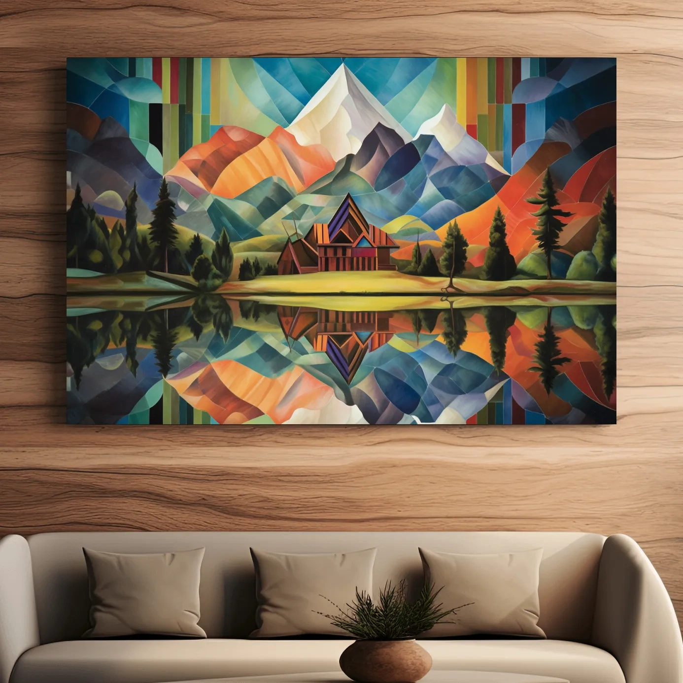 Abstract oil painting of a cabin by a lake, mountain scenery