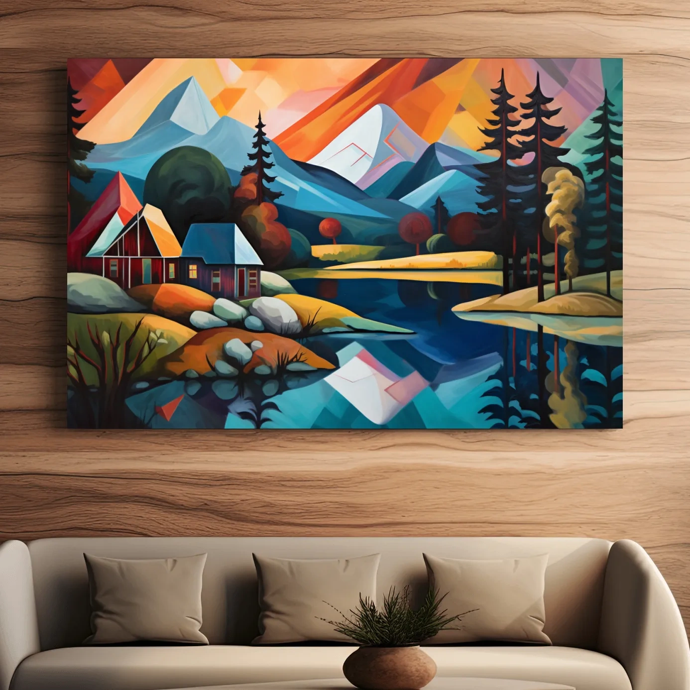 Abstract oil painting of a cabin by a lake, mountain scenery