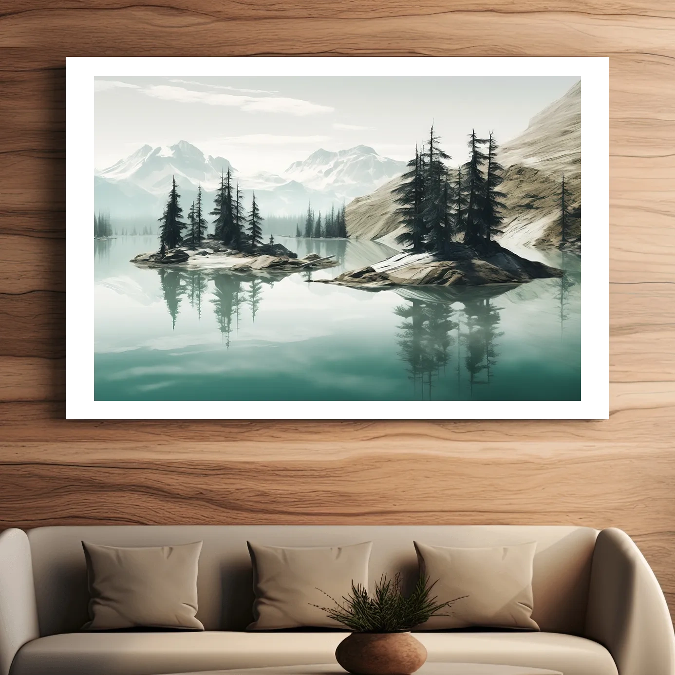 Painting of trees on an alpine lake
