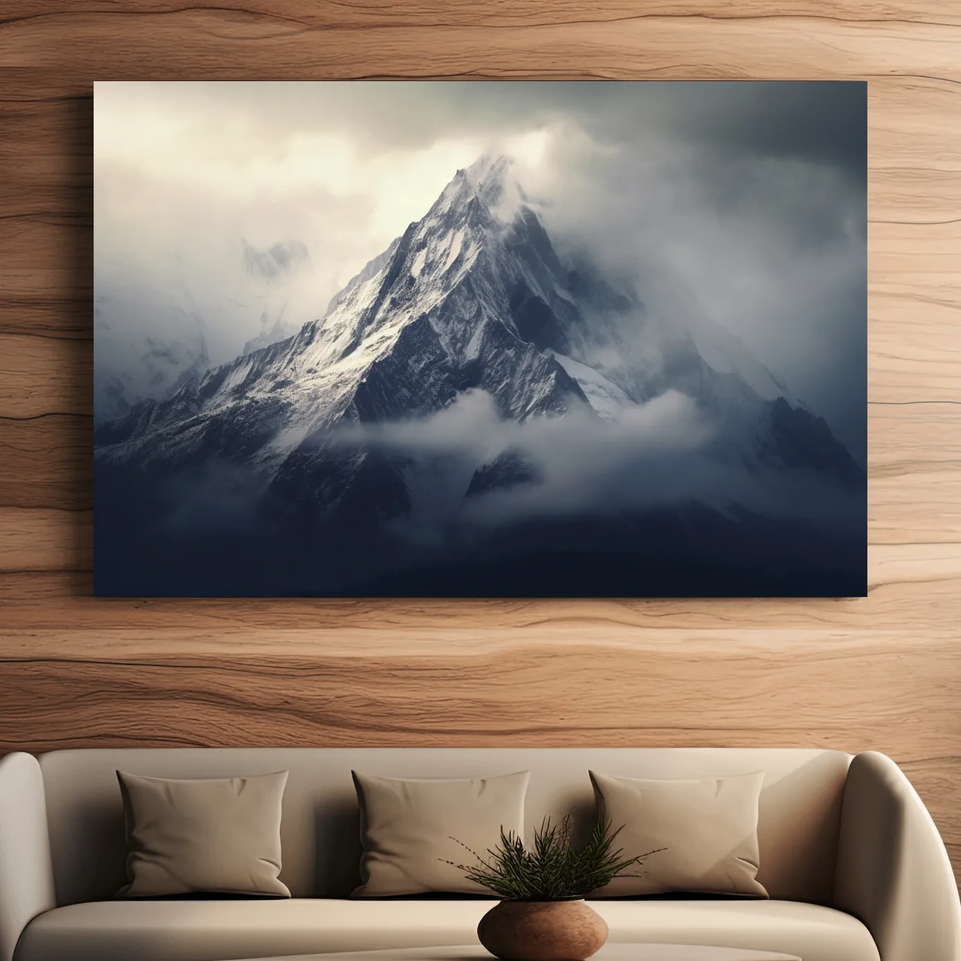 Photographic art, snow capped mountain in the clouds
