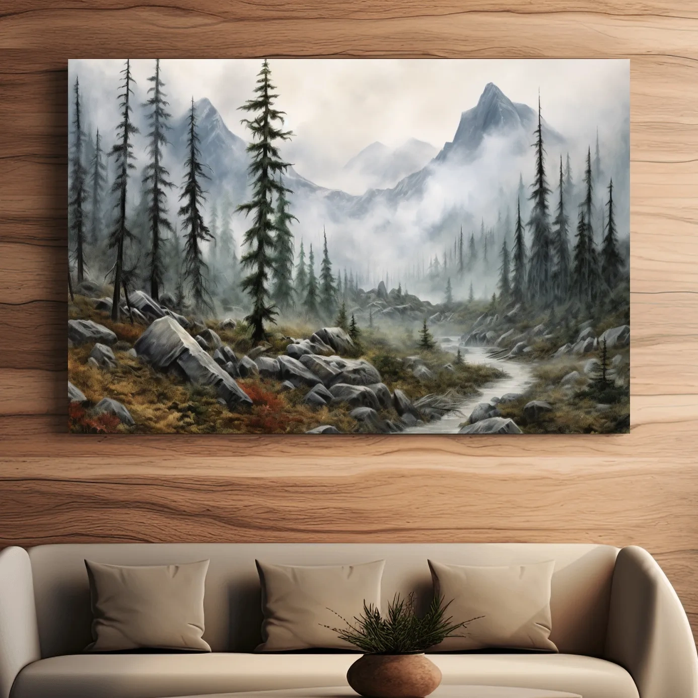 Painting of fog rolling through mountain scenery