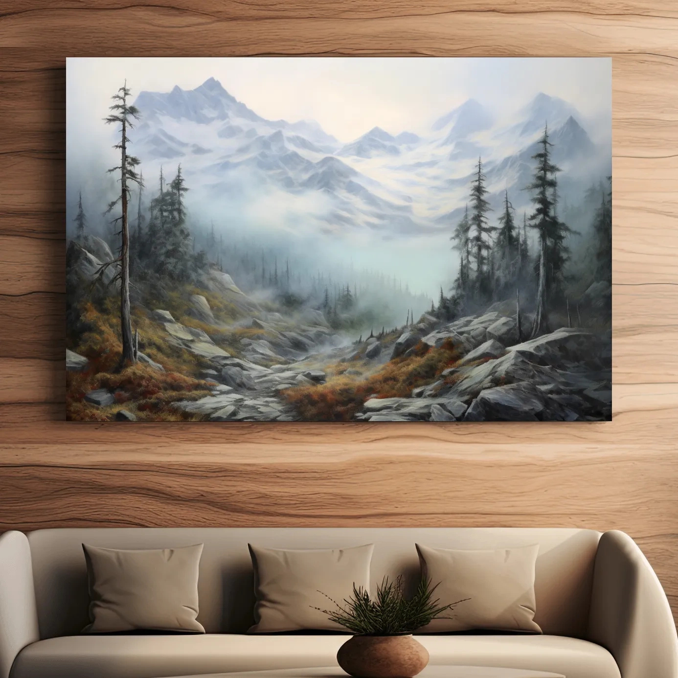 Painting of fog rolling through an alpine scene