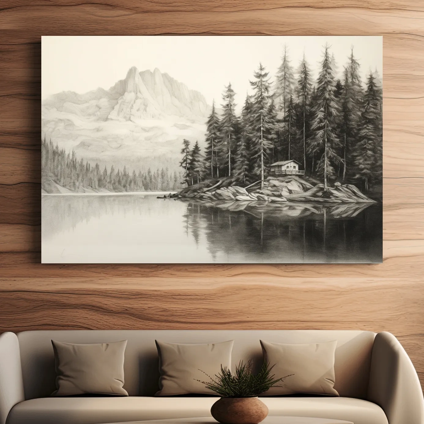Lead pencil drawing of a cabin by the lake
