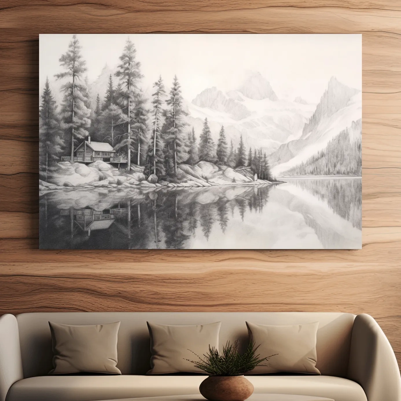 Lead pencil drawing of a cabin by a glacial lake