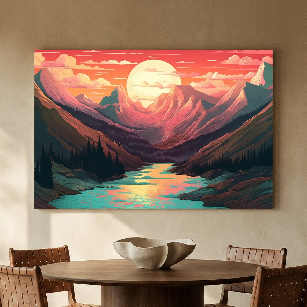 Vibrant Sunset Mountain Valley Illustration - Retro Landscape Wall Art