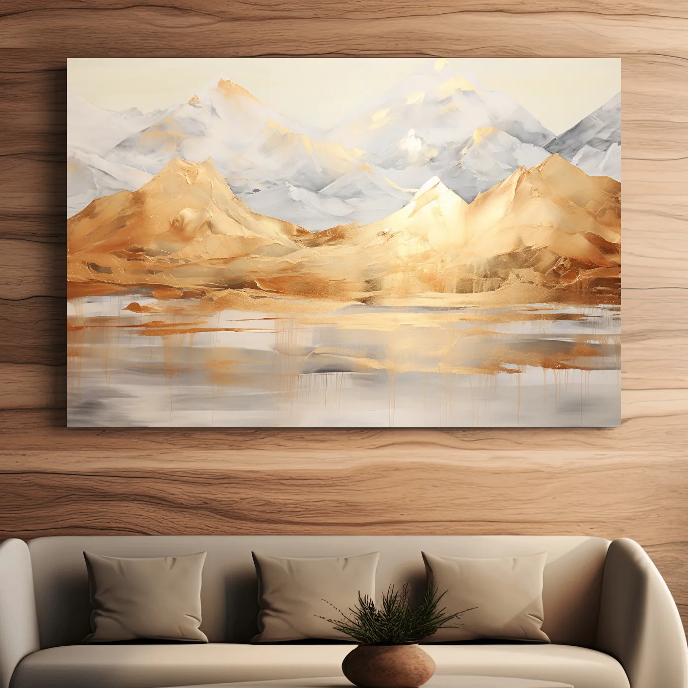 Abstract gold painting of a mountain landscape