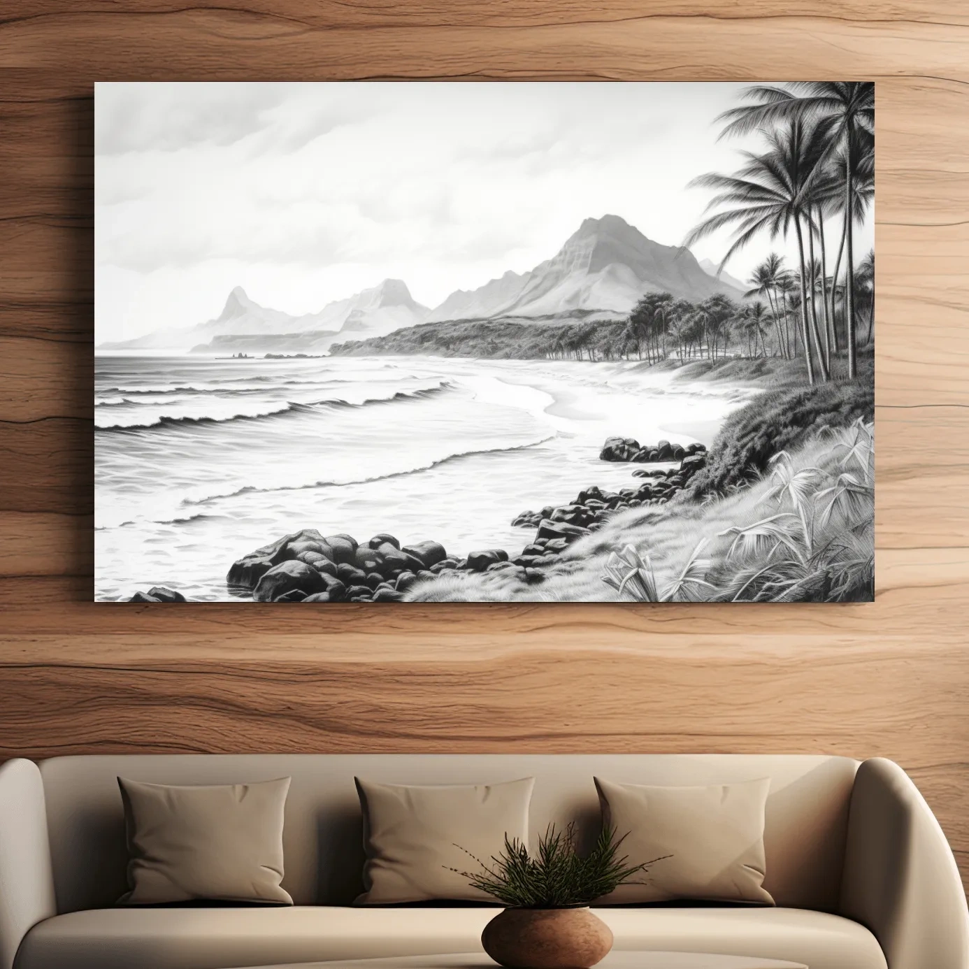 Black and white drawing of a tropical beach mountain scene