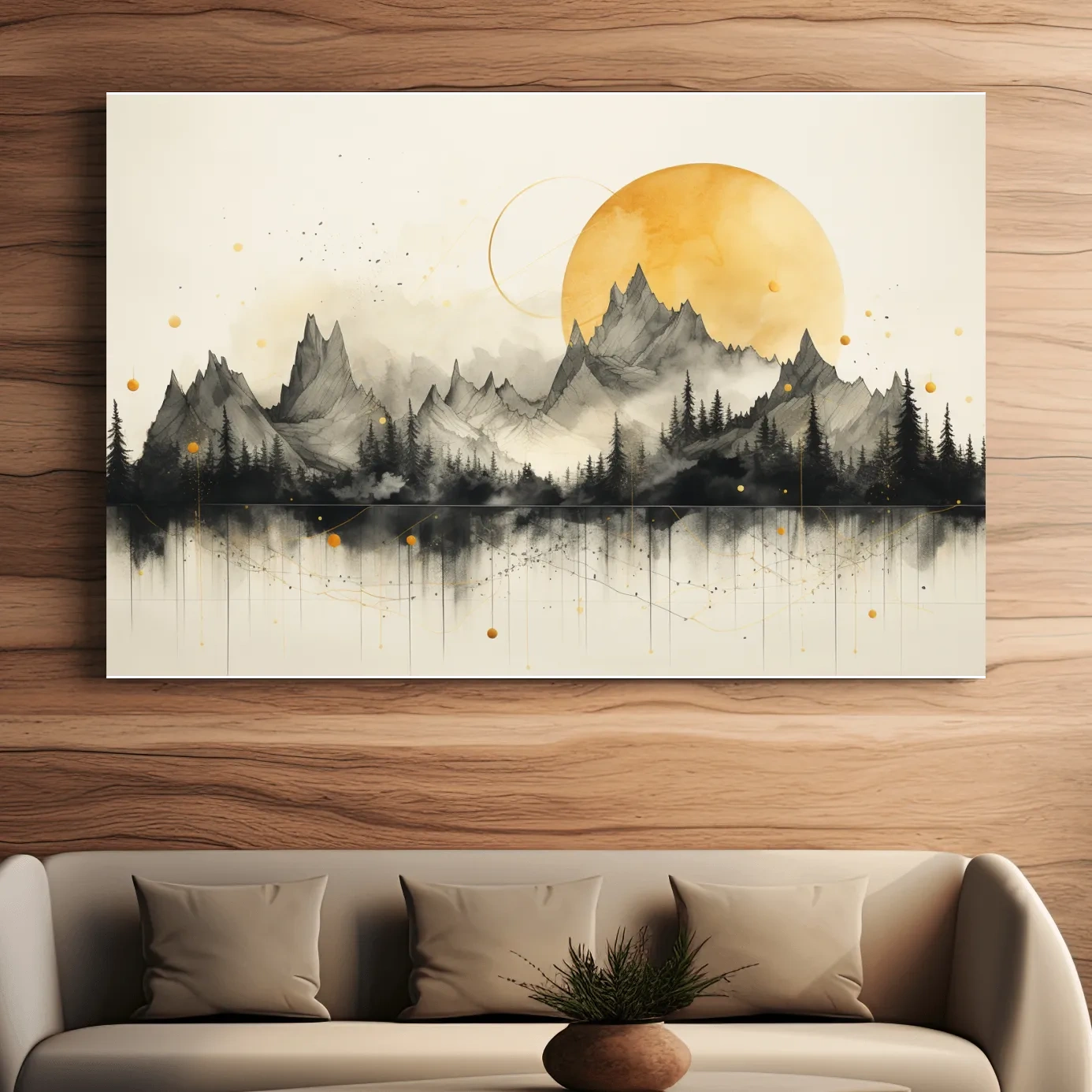 Golden Sun Abstract Mountain Range - Minimalist Watercolor Landscape Wall Art
