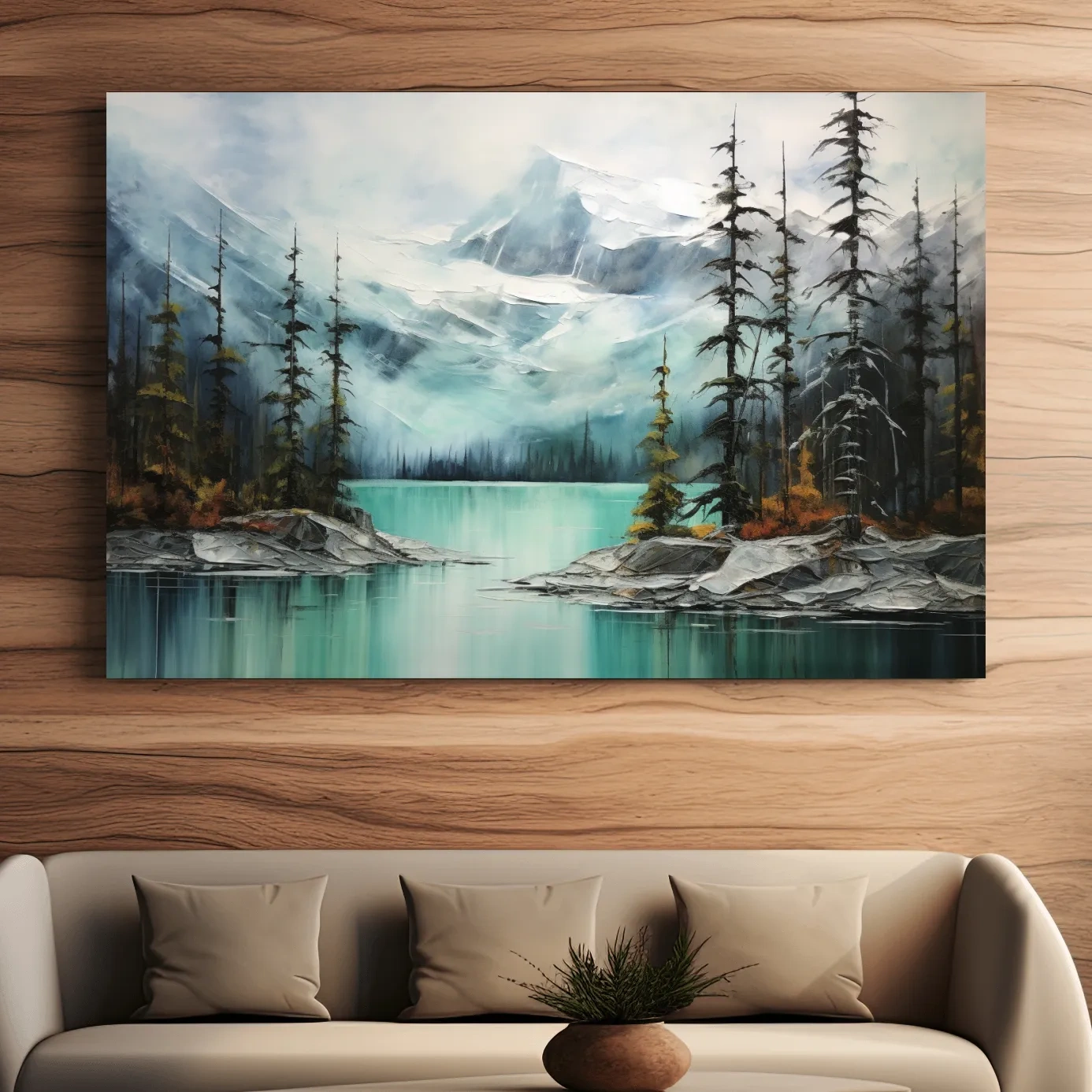 Misty Turquoise Mountain Lake Painting - Serene Alpine Forest Landscape Wall Art