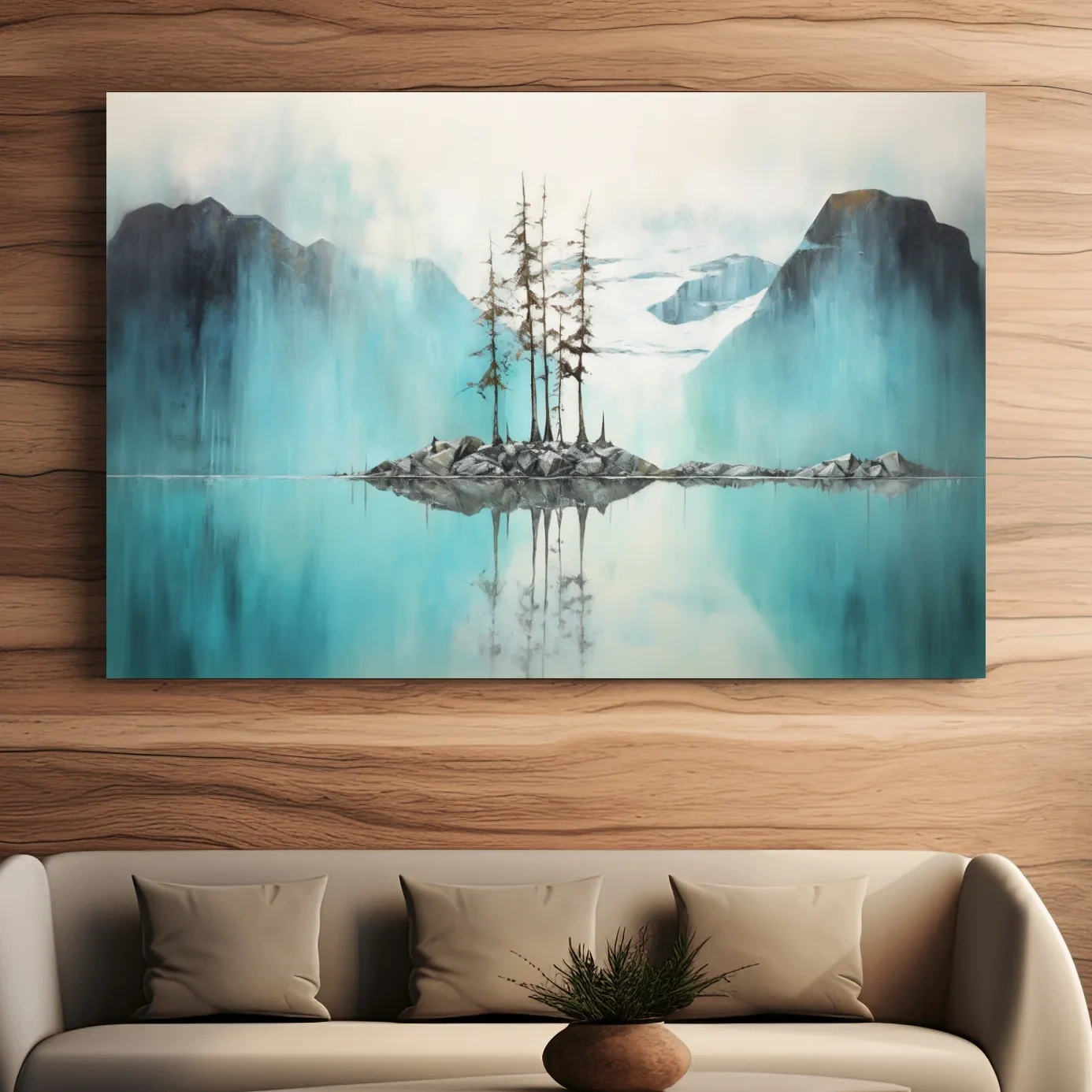 Trees on a turquoise lake, mountain painting
