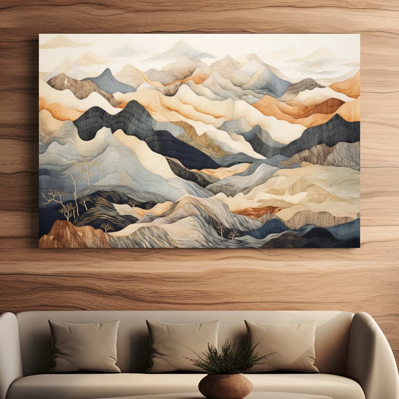 Tapestry style earthy coloured mountain artwork