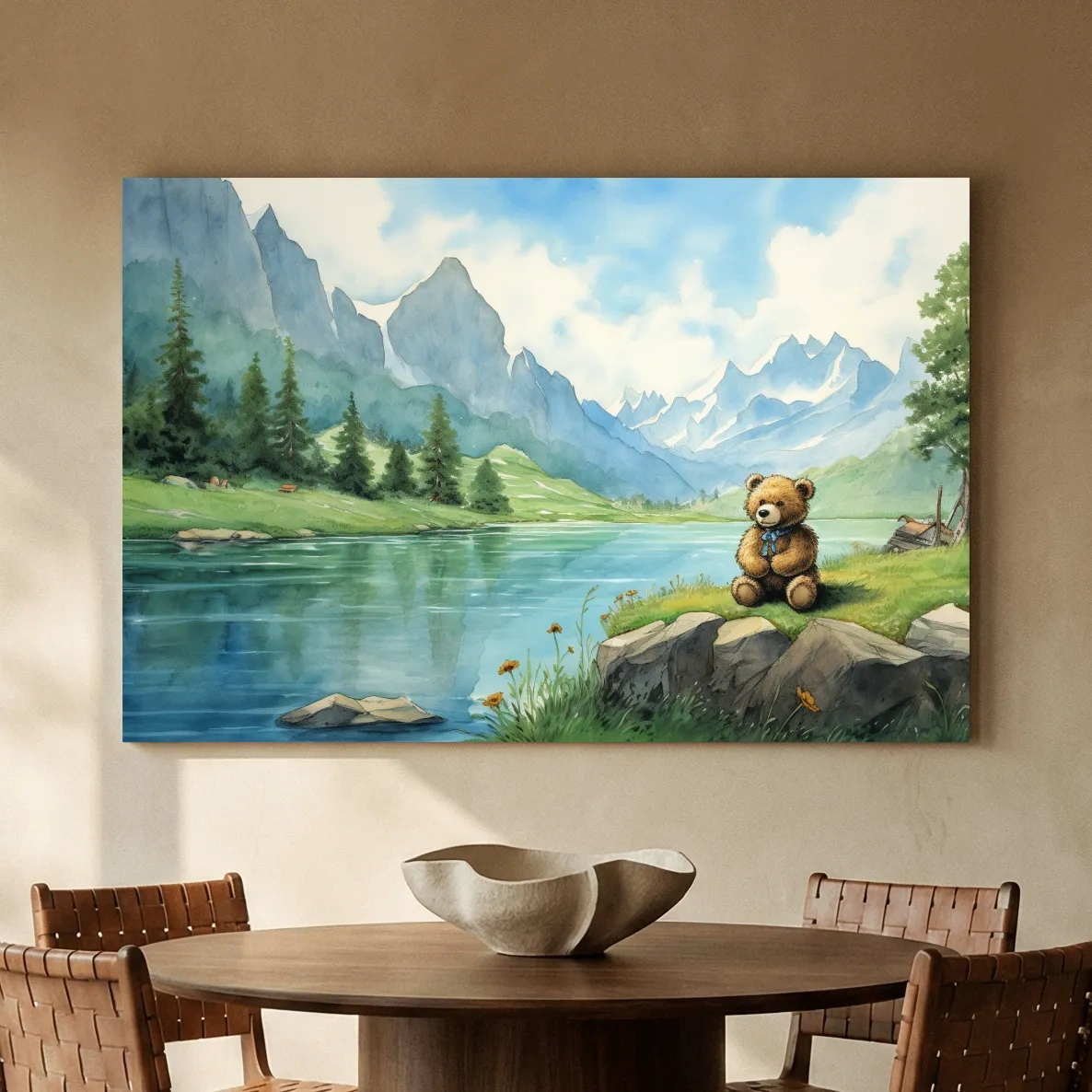 Whimsical Teddy Bear By Mountain Lake - Cute Watercolor Nursery Wall Art