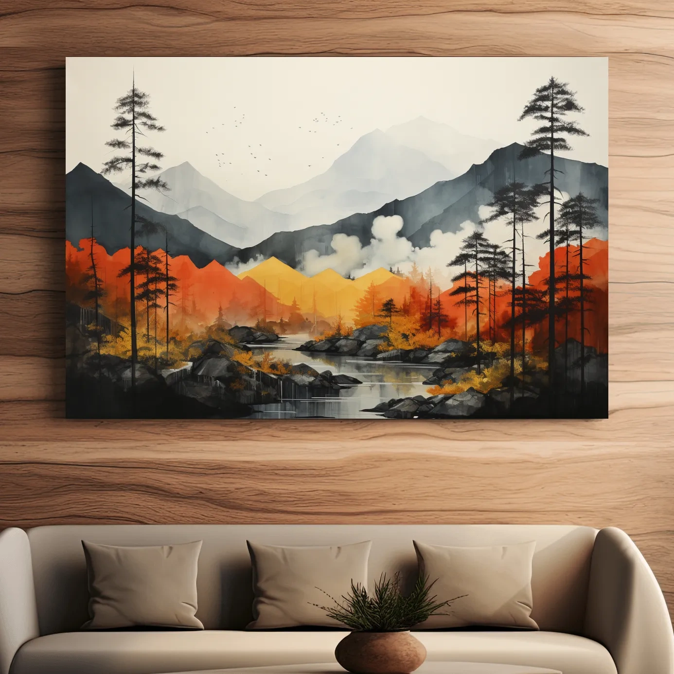 Surreal Mountain Lake Landscape - Autumn Forest Watercolor Wall Art