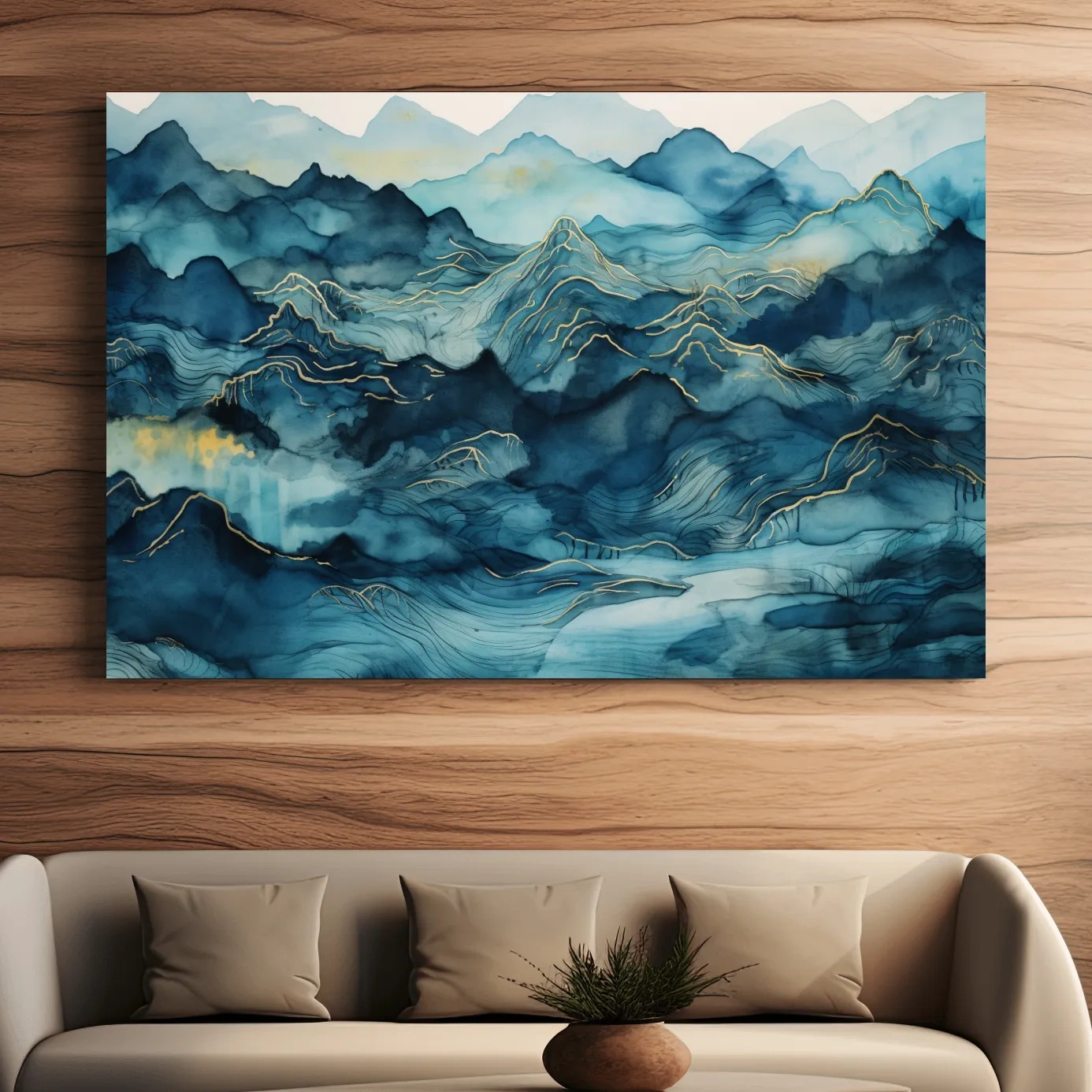Watercolor Mountain Range With Gold Linework - Abstract Landscape Wall Art
