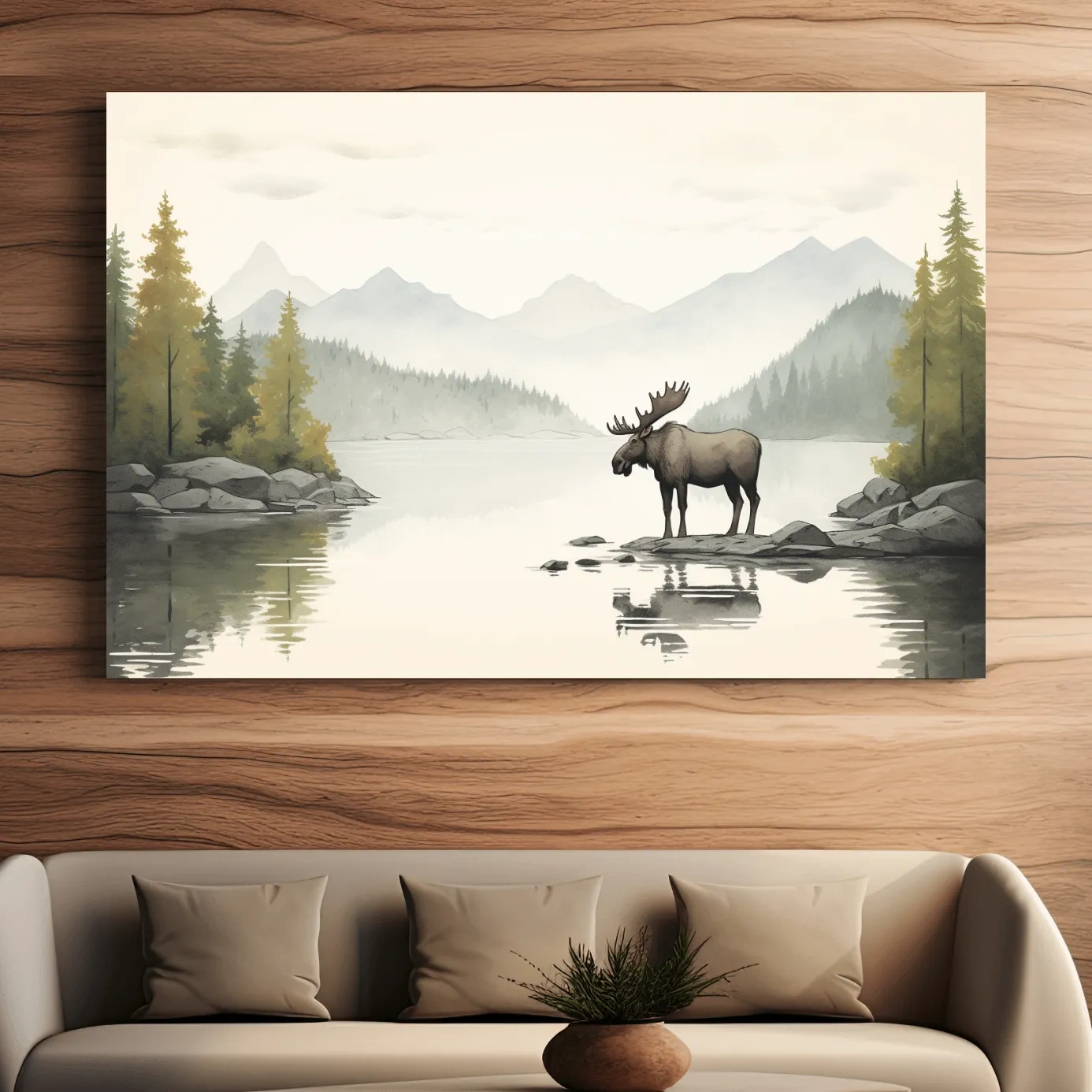 Watercolor Moose By Misty Lake - Mountain Wilderness Nursery Wall Art