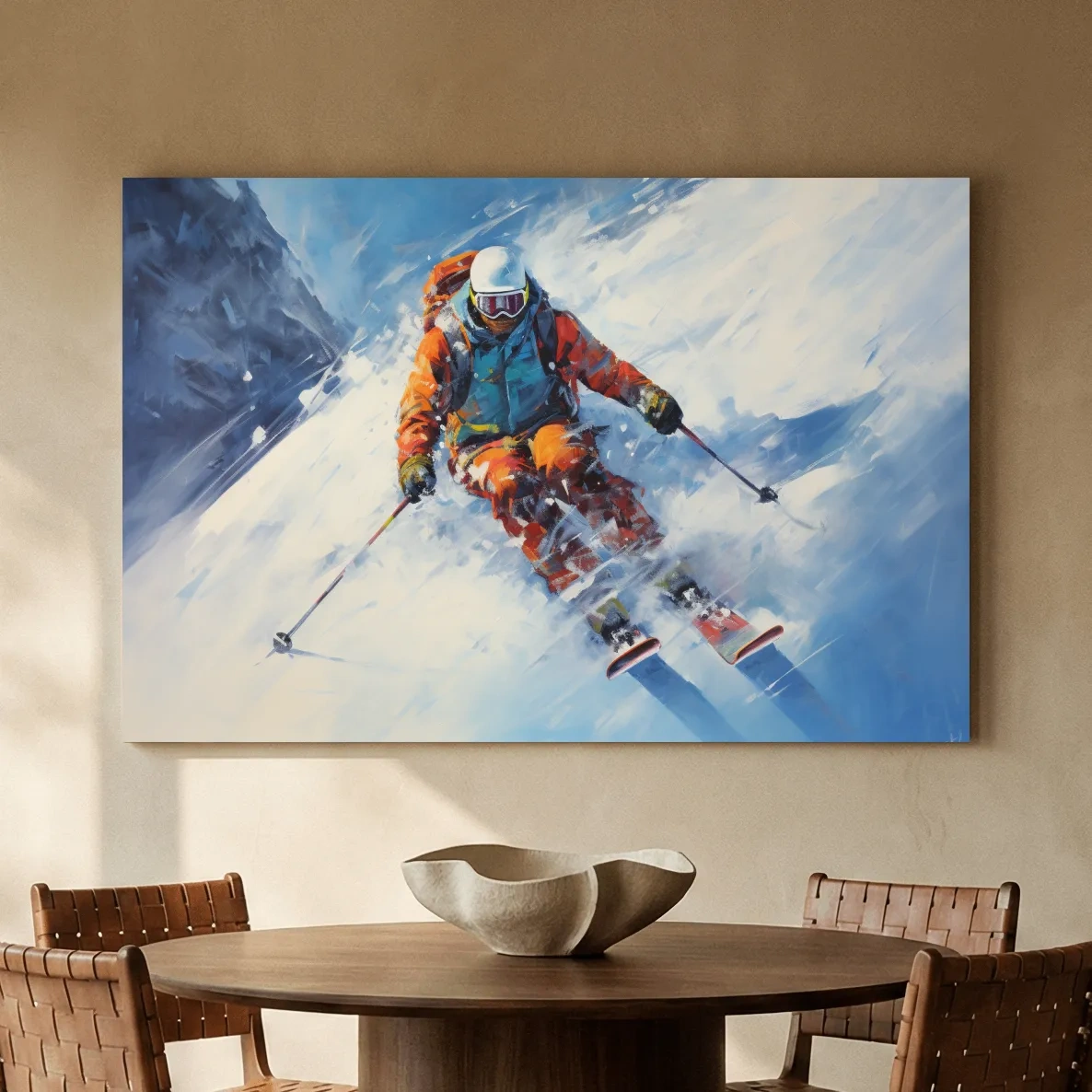 Dynamic Downhill Skier Painting - Snowy Alpine Adventure Wall Art