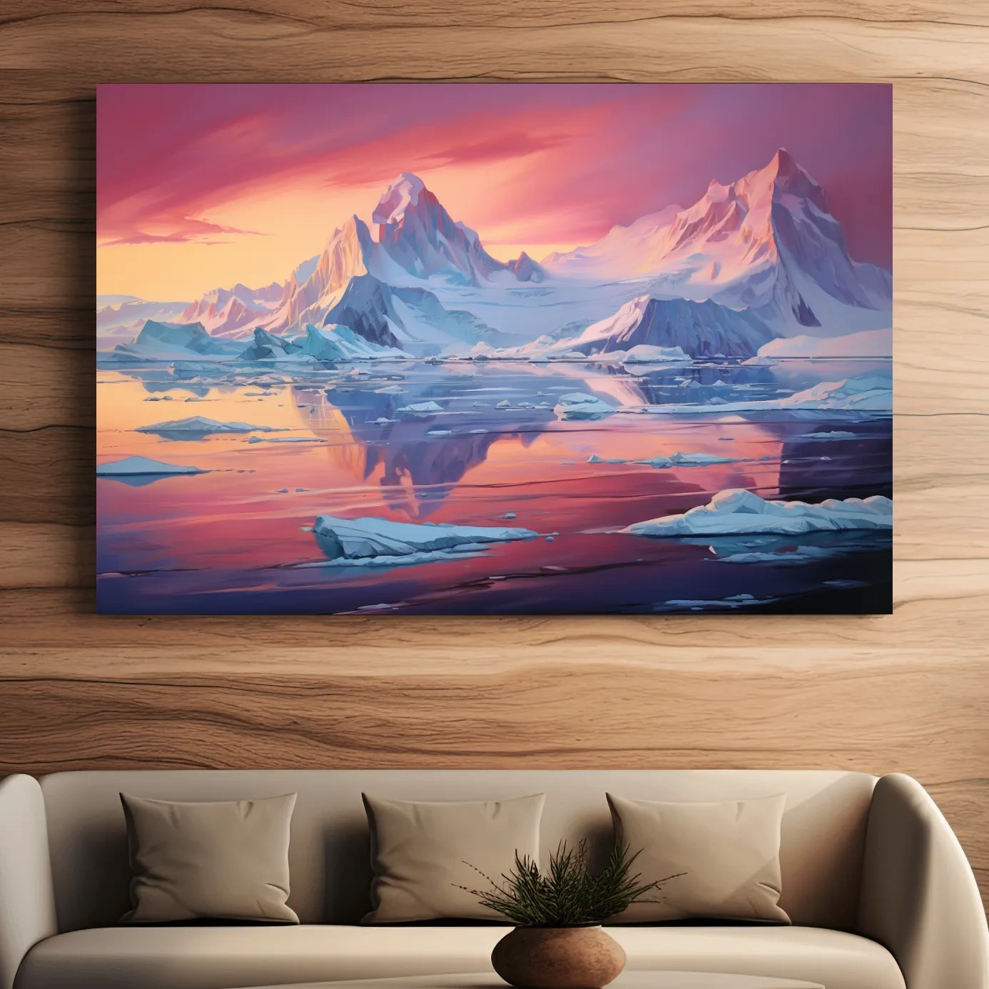 Painting of a sunset over the antarctic glacier