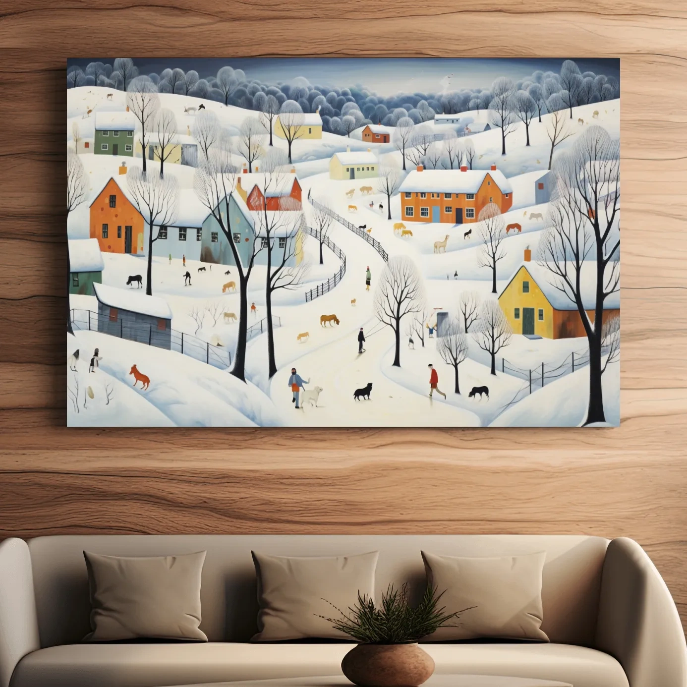 Quirky painting of a mountain village in the snow