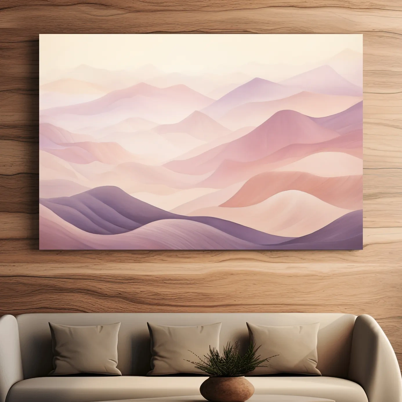 Soft and subtle purple pastel mountains in the fog artwork