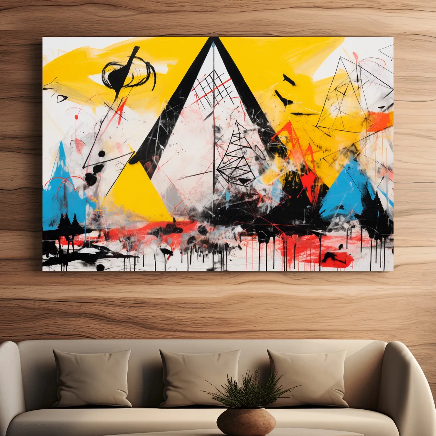 Abstract energetic graffiti style geometric mountain painting
