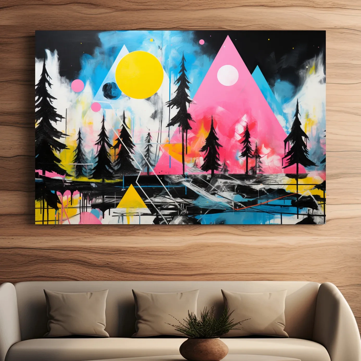 Abstract acrylic painting, mountain shapes and trees