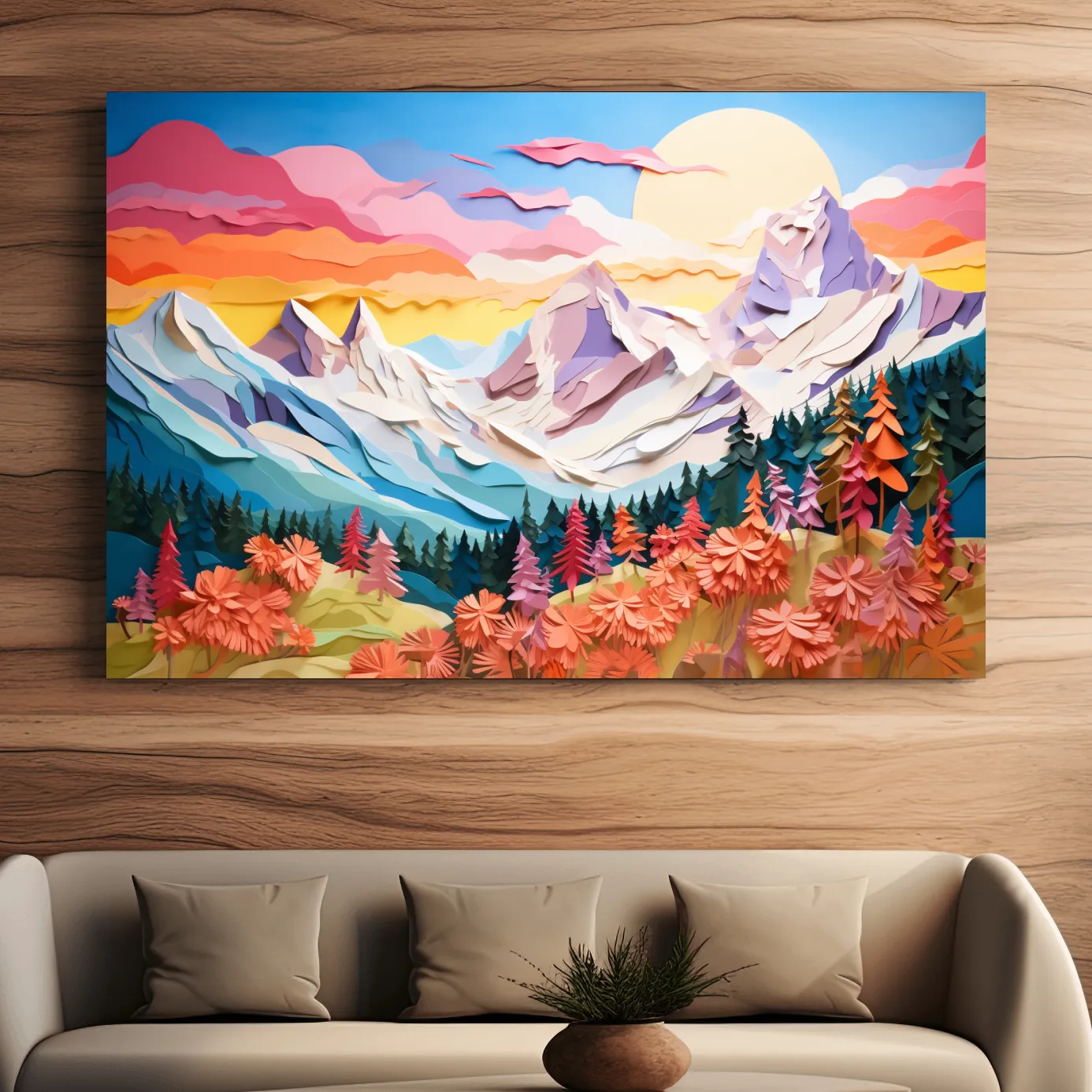 Paper cutout style art of alpine flowers at sunset