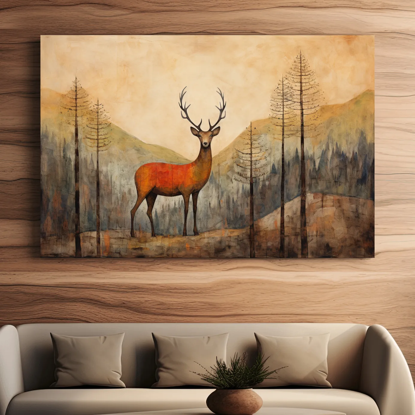 Textured watercolour painting of a deer in the forest