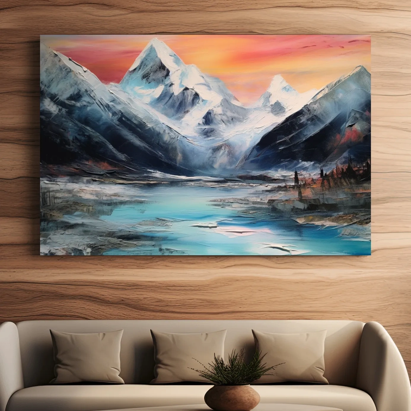 Bold oil painting of a glacier at sunset