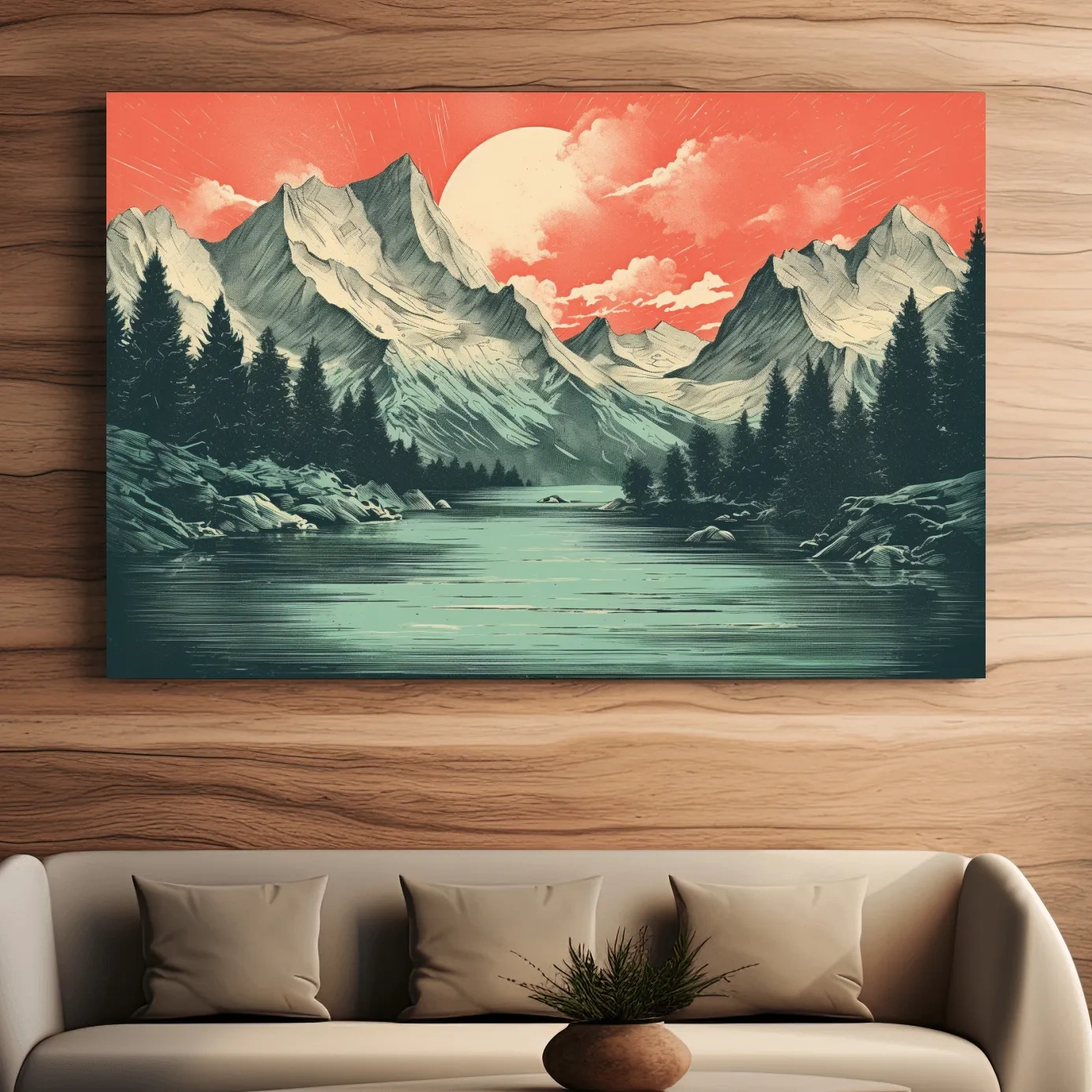 Risograph style illustration of an alpine lake at sunset
