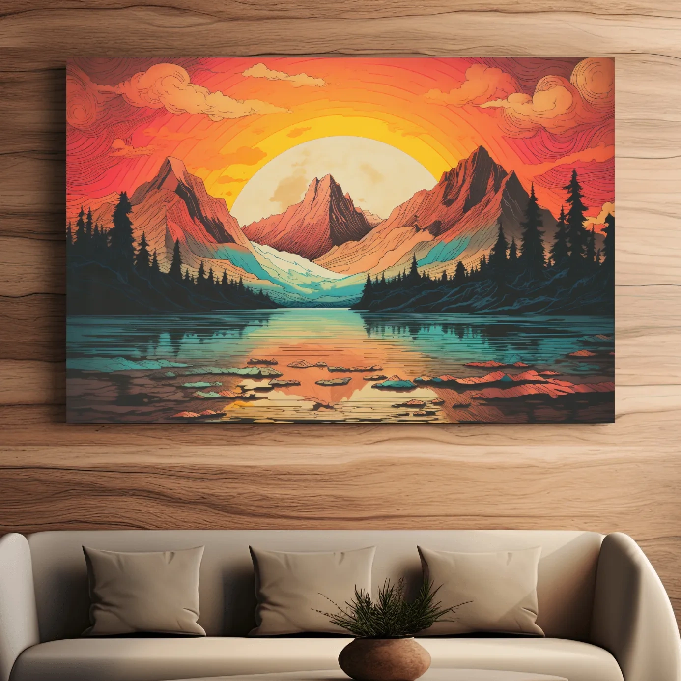 Vibrant illustration of sunset over an alpine lake