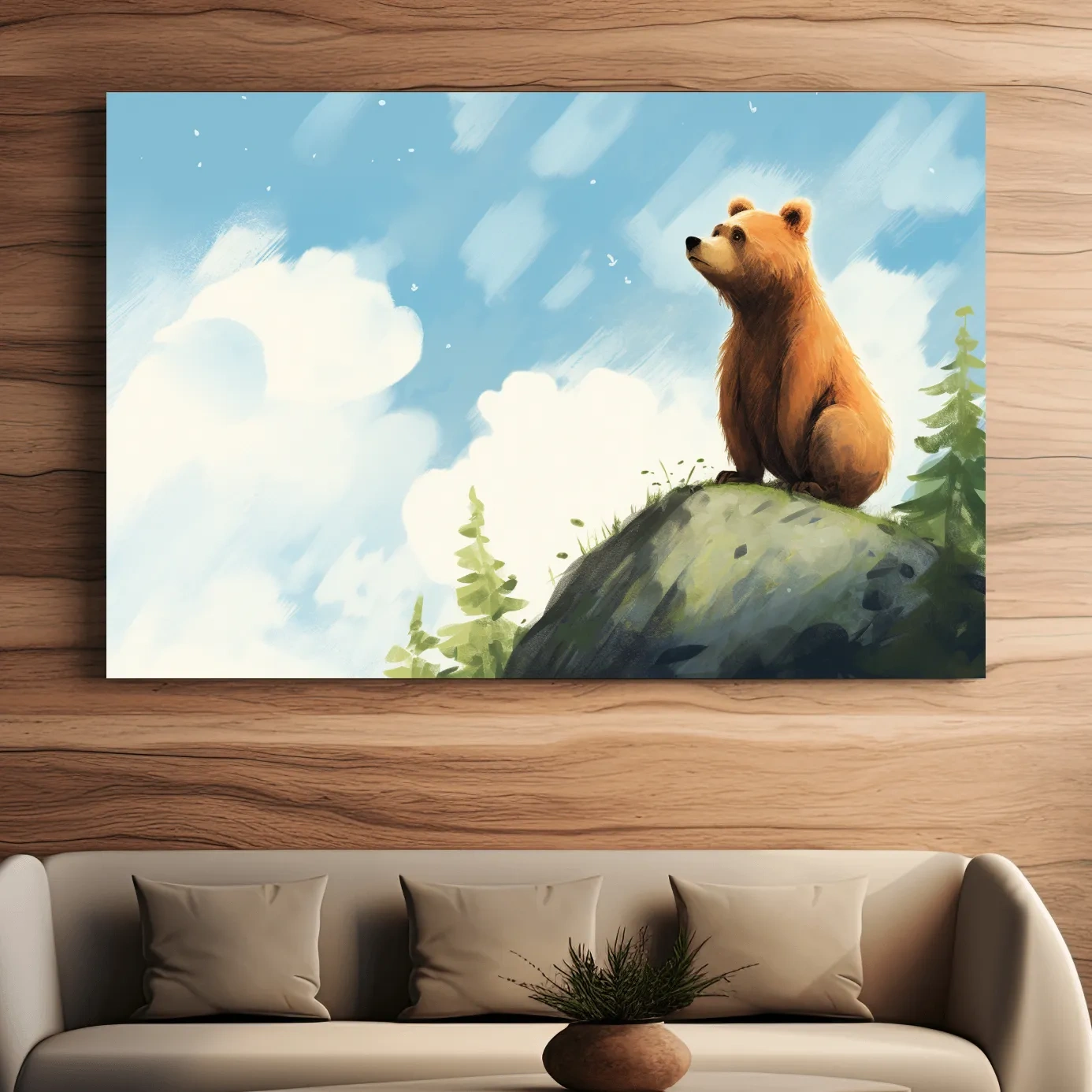 Bright fun painting of a bear gazing into the sky
