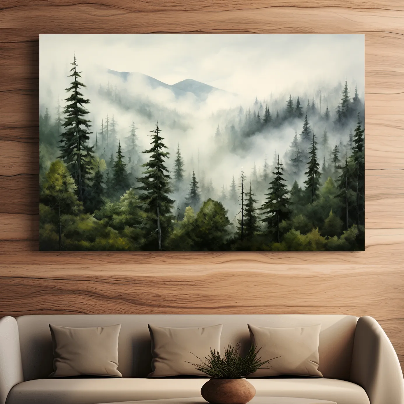 Painting of morning fog rolling through the forest