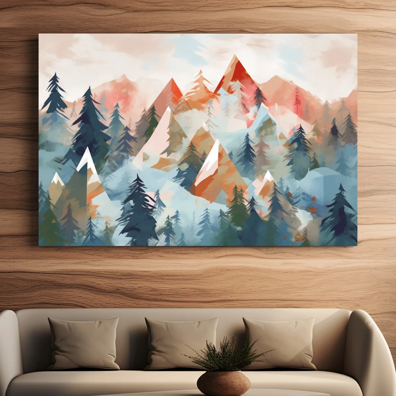 Pastel geometic alpine forest mountain painting