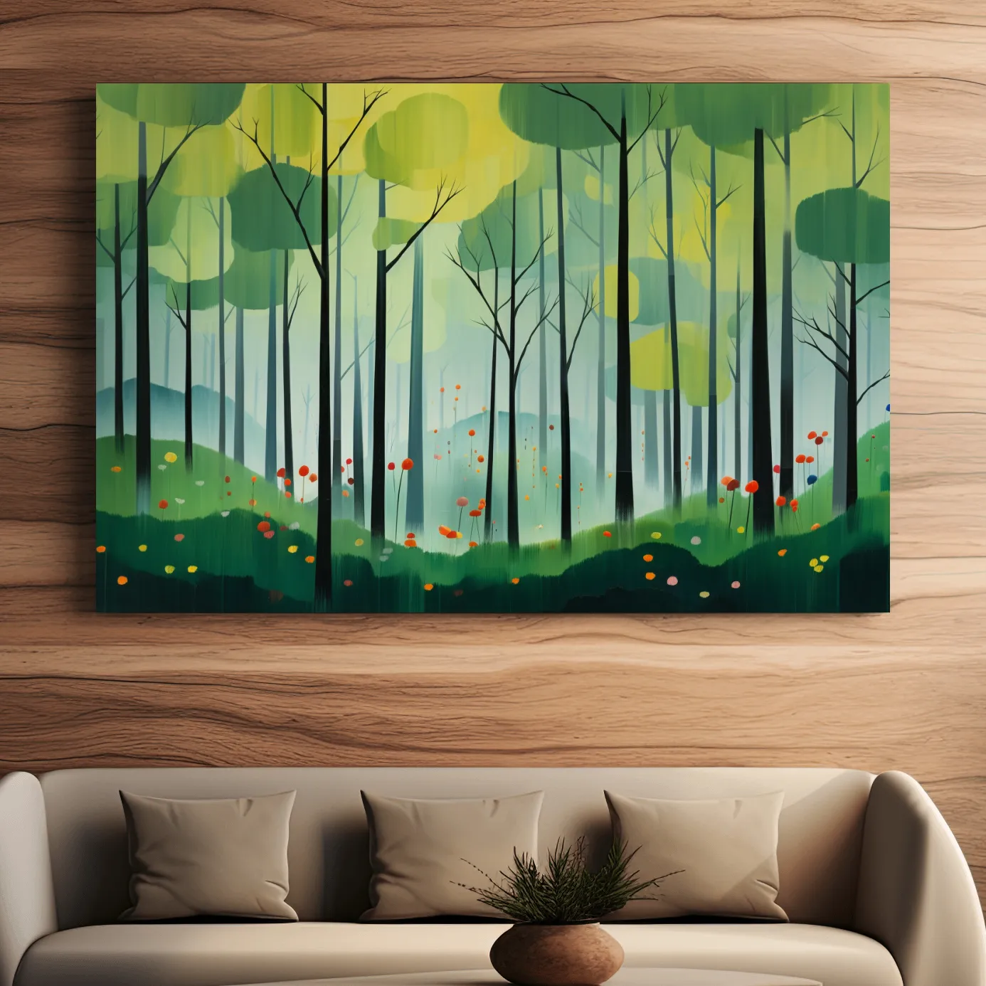 Painting of a bright green forest